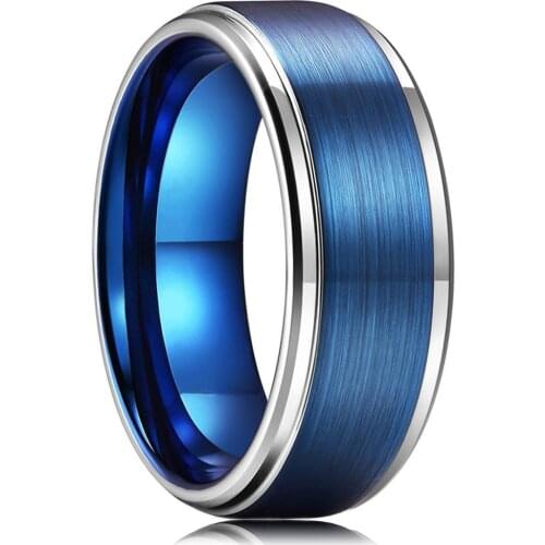 8mm Mens Blue Tungsten Steel Ring Silvery And Blue Brushed Fashion Mens Wedding Band Jewelry Accessories Size 6-13