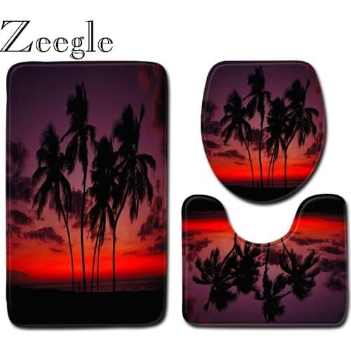 Zeegle Printed Coconut Tree Bath Mat Set Lid Toile Cover Mat Set Water Absorption Toilet Soft Foot Rug Bathroom Accessories
