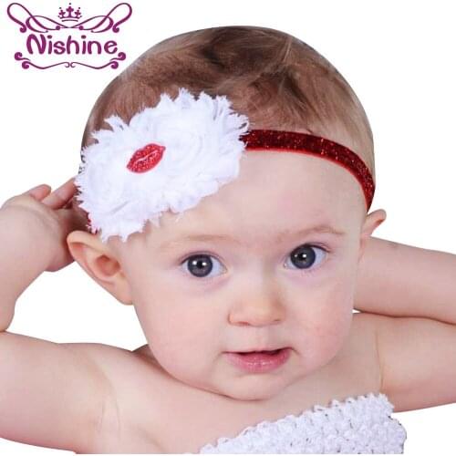Nishine New Red Lips Valentines Day Girl Headwear Shabby Flower Headbands Photography Props Kids Bandage Head Accessories