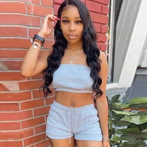 Off The Shoulder Casual Sportswear Athleisure 2 Piece Outfit 2021 Solid Strapless Crop Top and Drawstring Short Summer Outfits