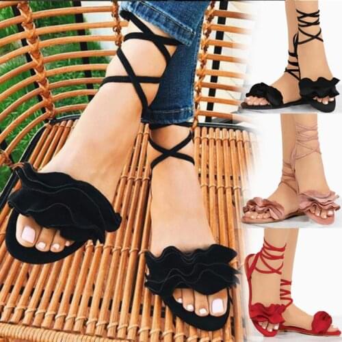 Women Shoes Sandals Women Solid Color Ruffles Round Toe Flat Heel Cross Tied Sandals Rome Shoes Sandals summer