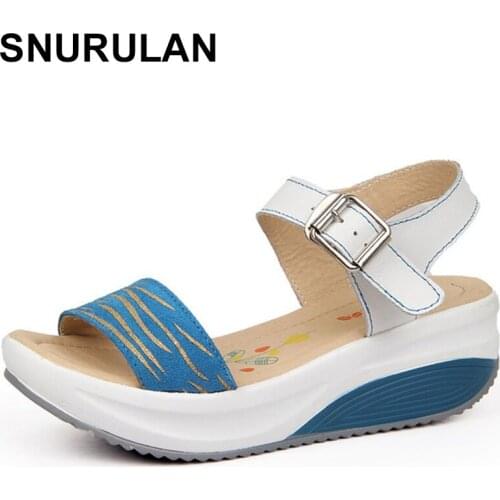 SNURULAN Summer New Women Buckle sandals Thick Leather shoes woman Flat Platform Bright open toe beach sandals ladies shoesE399