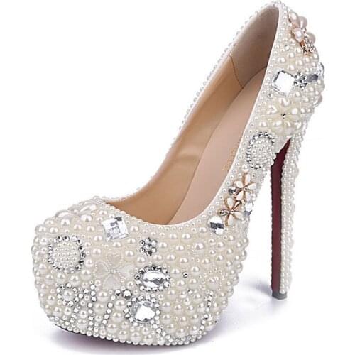 Pearl Diamond Wedding Shoes Crystal Platform Super High Heel Pumps Shoes For Brides Thin Heels Handmade Fashion Bridesmaid Shoes