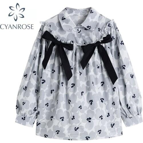2021 Women Blouse Chic Print Shirt Female Sweet Autumn Fashion Long Sleeve Korean Fashion Bow Shirt Loose Elegant Shirt Tops