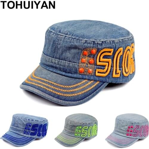 TOHUIYAN Fashion Military Hat Women Washed Denim Cap Vintage Embroidery Cadet Hats Outdoor Streetwear Flat Roof Caps For Men