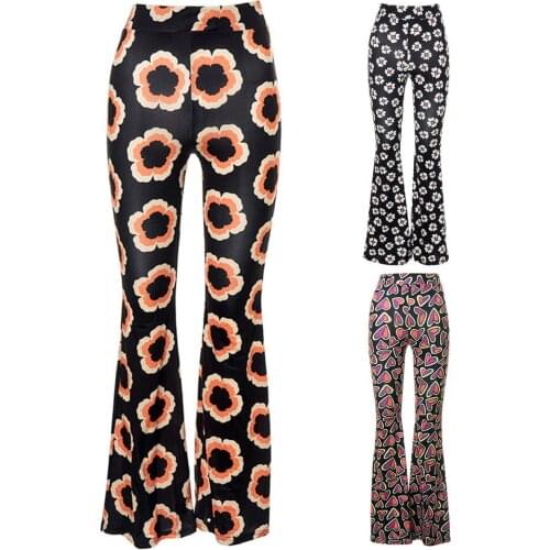 Women Floral Print Flared Pants High Waist Wide Leg Trousers