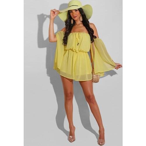 New 2021 Summer Slash Neck Long Flare Sleeve Rompers Womens Casual Drawstring Solid Chiffon Bohemian Beach Jumpsuits Playsuits