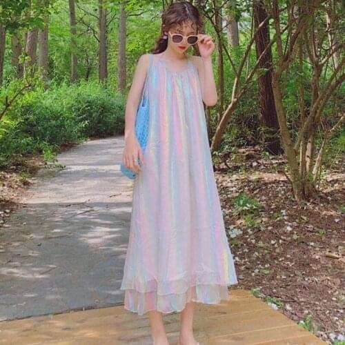 French Dream Bandage Gradient Dress Women Bling Fairy Halter Straps Dress Summer 2021 New Sleeveless Long Dresses Female