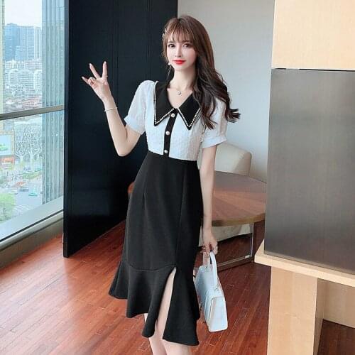 Summer Fashion Dress Female Temperament Slim Split Dress High Waist Midi Dress Patchwork Vestidos De Festa Womens Clothings