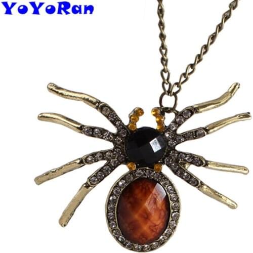 1 piece Vintage crystal spider pendant necklaces for woman long chian bronze rhinestone spider insect long chain charm necklace