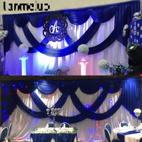 3M x 6M White color Ice Silk Wedding Backdrop with Royal Blue Swag Stage Background Drape Curtain Wedding Decoration