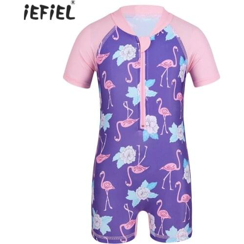Quickly Dry Baby Girl Swimwear One-piece Bathing Suit Swimsuit Short Sleeves Flower Flamingo Pattern Printed Rash Guard Swimwear