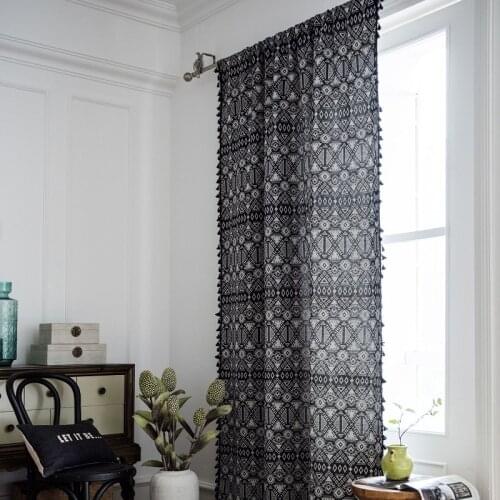 Black Bohemia Country Style Curtain with Tassel Geometry Curtains for Living Room Bay Window Curtain Panel Semi-blackout Curtain
