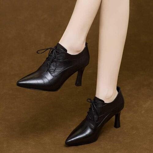 Spring and Autumn High Heels 2021 Spring pointy single shoe deep lace-up shoes thin heels medium heels for women