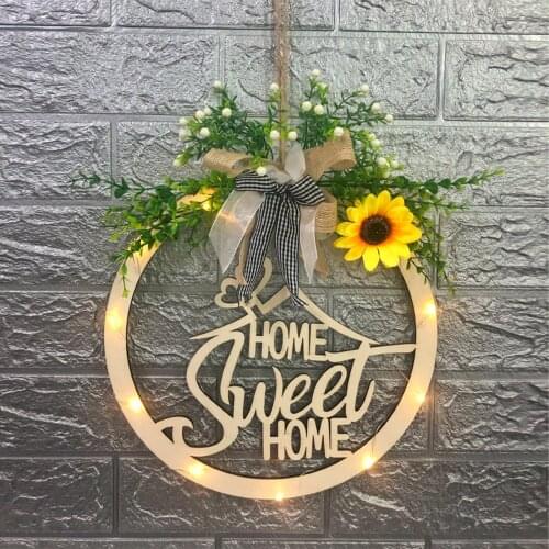 12 Inch Rustic Wooden Door Hangers Sunflower Welcome Wreath Sign For Farmhouse Front Porch Home Decor With LED Light