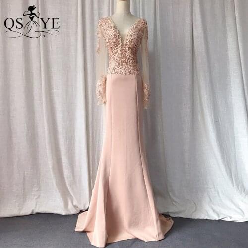 Long Dress Champagne Prom Dresses Stretch Mermaid Formal Party Gown V Neck Beading Crystals Appliques Lace Evening Dress Vestido