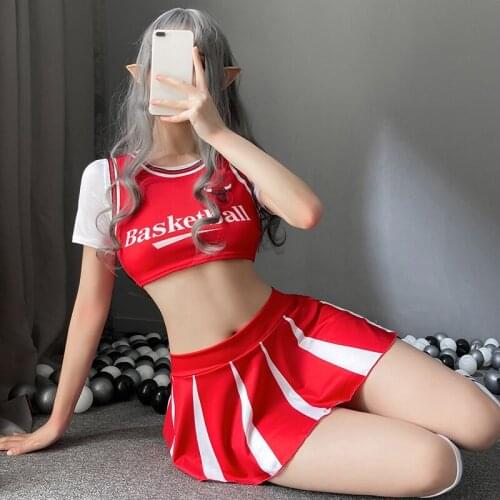 Women Japanese Schoolgirl Cosplay Uniform Sexy Lingerie Gleeing Cheerleader Costume Crop Top with Miniskirt Halloween Clubwear