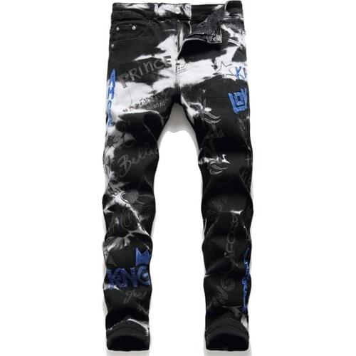 KIOVNO Men Fashion Printed Jeans Pants Letter Embroidery Denim Trousers For Male Size 29-38 Stretch