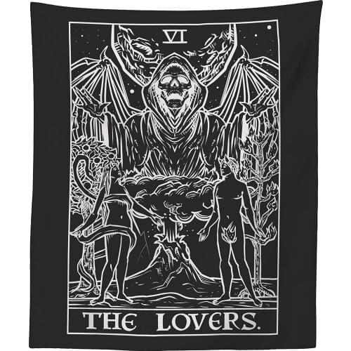 The Lovers Tarot Card Tapestry Black & White Gothic Couple Halloween Home Decor Wall Hanging