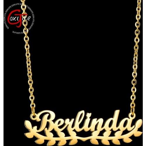 Goxijite Personalized Fashion Name Necklace For Women Custom Leaves Letter Nameplate Necklaces Stainless Steel Jewelry
