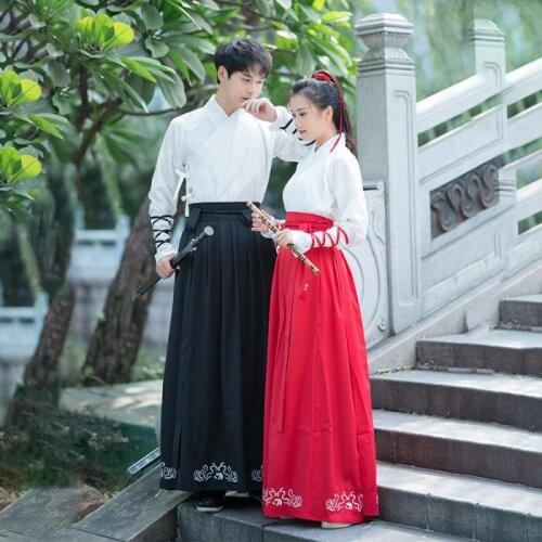 And womens couples wear red and black cross collar Ru skirt ancient style students' class suit martial arts style