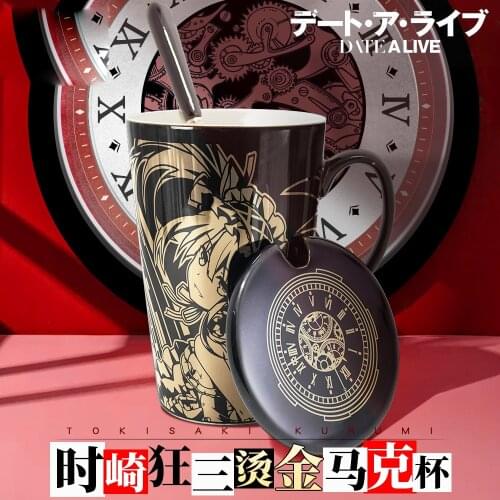 Anime DATE A LIVE Tokisaki Kurumi Retro Gold Stamping Ceramics Mug Cup Office Coffee Cup With Lid and Spoon Student Xmas Gift