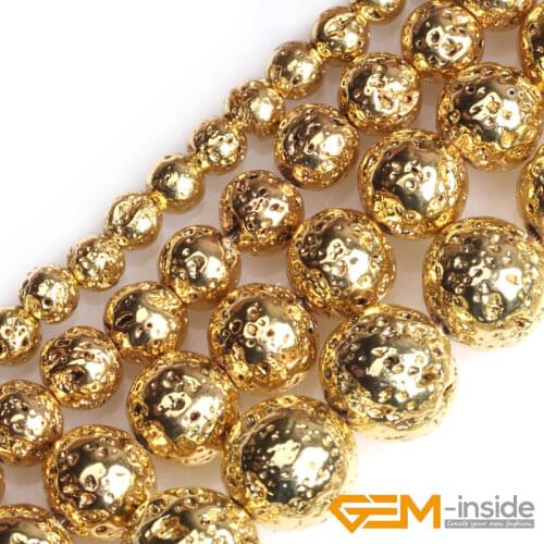 4mm 6mm 8mm 10mm Gold Metallic Coated Round Volcanic Rock Sponge Stone Beads For Jewelry Making Strand 15"DIY Jewelry Loose Bead