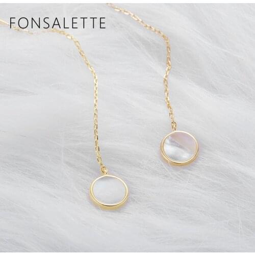 Fashion Sterling Silver Mother of Pearl Threaders White Round Circle Shell Dangle Drop Earrings For Women Jewelry Gift ZK40