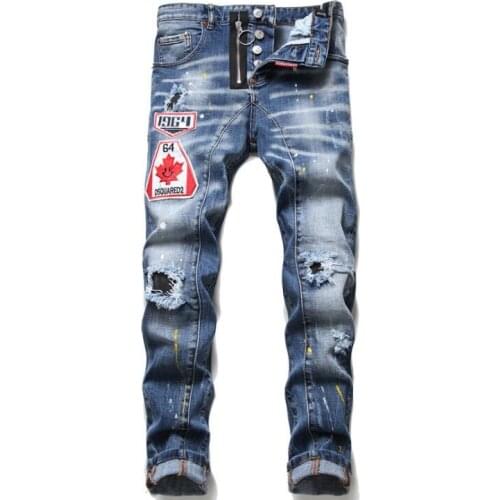 Autumer mens jeans штаны мужская одежда blue embroidered winter new tattered white trousers slim stretch tight beggar pants