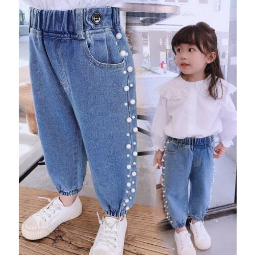 New Girls Jeans Autumn Spring Kids Jeans Fashion Child Pearls Trousers Cute Beautiful Baby Denim Pants Leisure Children Clothing