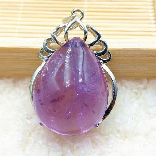 Genuine Natural Purple Amethyst Quartz Water Drop Pendant Women Men 31x22mm Amethyst Necklace Brazil 925 Sterling Silver AAAAA