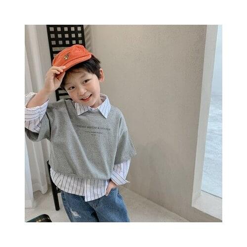 Boys Retro Shirt Jacket 2021 Spring New Thin Striped Long-sleeved Shirt Short Sweatshirt Suit Shirt Two-piece Sets Baby Clothes