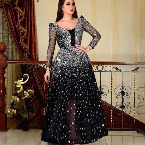 Serene Hill Muslim Black A-Line Evening Dresses Gowns 2021 Beaded Luxury For Woman Wedding Party LA71214