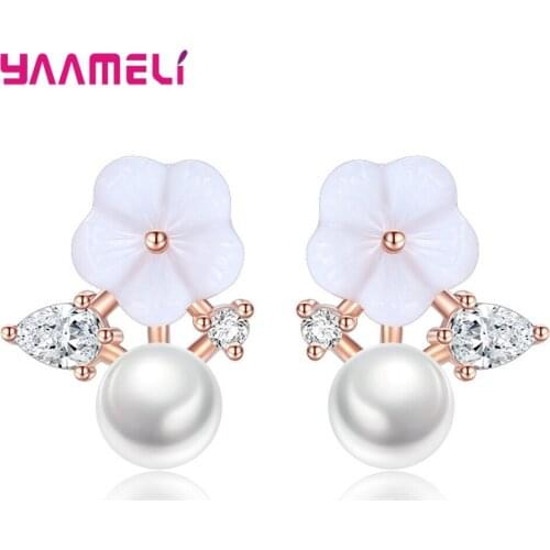 Fine 925 Silver Stud Earrings Decoration for Woman Girl AAA Grade Cubic Zircon Round Pearl Handemade Flower Jewelry