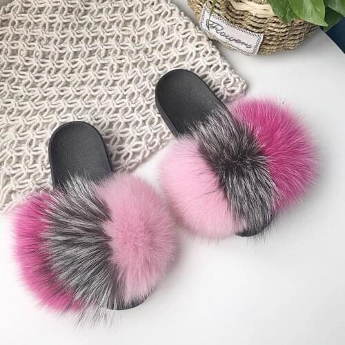 Ladies Summer Real Fox Fur Slippers Furry Fur Slippers Cute Fluffy Fur Slippers Fox Fur Slides Plush Slippers Luxury Slippers