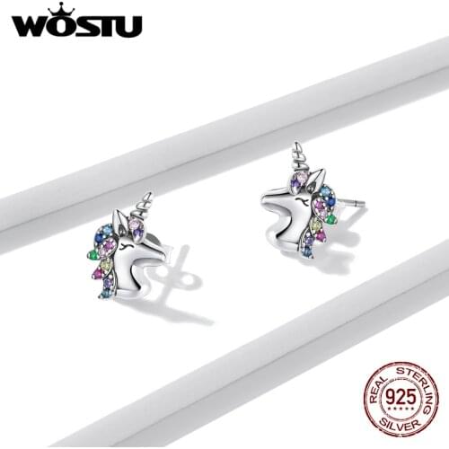 WOSTU 925 Sterling Silver Colorful Zircon Unicorn Stud Earrings For Women Girls Wedding Party Fashion Silver 925 Jewelry BNE496