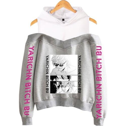 Yarichin Bitch Club Hoodies Off Shoulder Sweatshirt Women Pullover Harajuku Streetwear Japanese Manga Fashion Clothing Tops