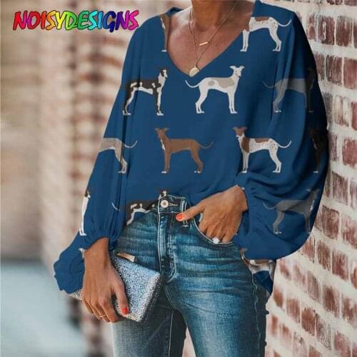 NOISYDESIGNS Women Blouse Lovely Italian Greyhound Print Blouse 2021 Casual Loose Long Sleeve Shirt Tops Plus Size V-neck New