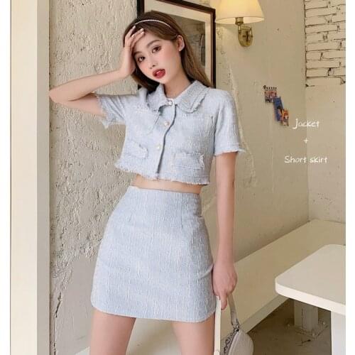Summer New Tweed Sets 2 Piece Set Women Skirt Suit Fashion Sexy Short Sleeve Single-Breasted Crop Top + Mini Skirt Sets Outfits