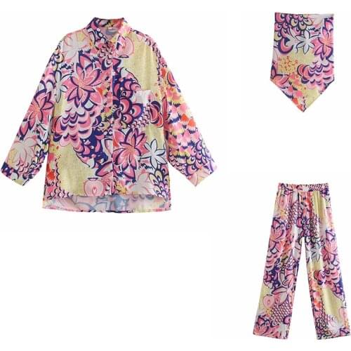 XEASY 2021 Women Vintage Beach Style Totem Floral Print Casual Loose Shirts Female Elastic Waist Wide Leg Pants Retro Pants Set