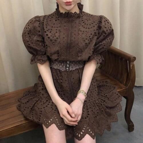 New Arrive 2020 High Quality Luxury Runway White Lace Dress Women Coffee Short sleeve Sexy Mini Party Dress Vestidos With Belt