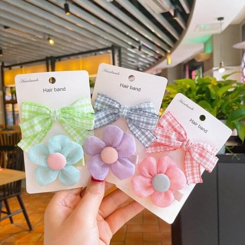 2pcs Fabrics Yarn Bow Plaid Flower Sweet Hairpins Women Girl Kid Hair Clip Pin Barrettes Hairgrip Hair Accessories