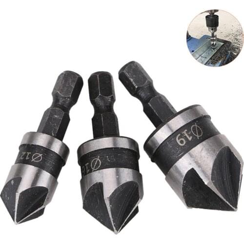 3pcs 1/4 Hex 5flute countersink drill bit set steel 90 degree deburring chamfer tool hole saw cutter for Wood Metal 12/16/19mm