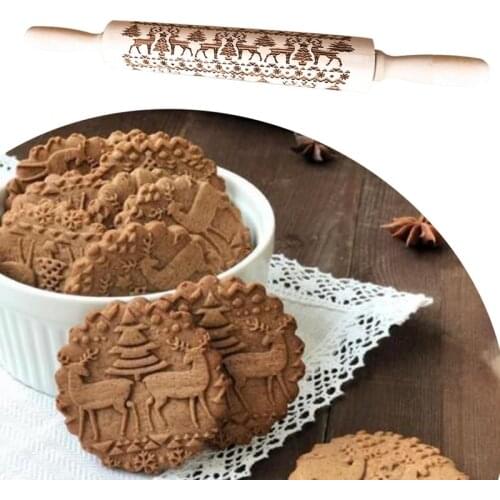 35/45cm Christmas Embossing Rolling Pin Baking Cookies Noodle Biscuit Fondant Cake Dough Engraved Roller Reindeer Snowflake