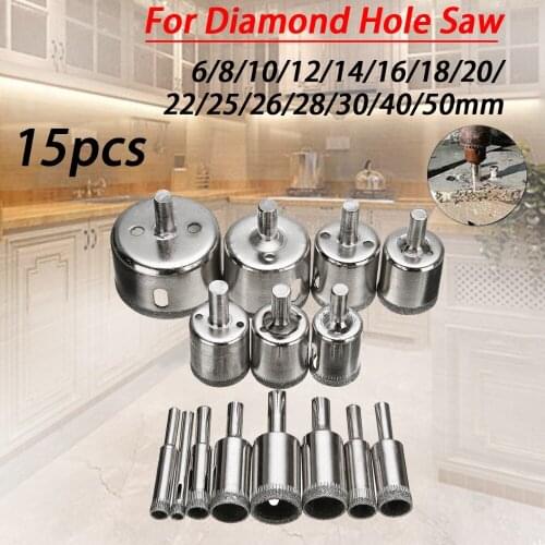 6-50mm 15pcs Diamond Coated Drill Bit Set Tile Marble Glass Ceramic Hole Saw Opener Tool Kit Drilling Bits For Electric Drill