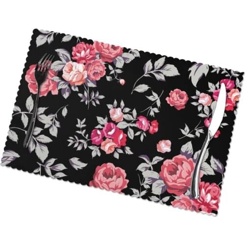 6 PCS Placemat Rose Pattern Pink Black Fabric Table Mats Tableware Kitchen Tool Table Mats