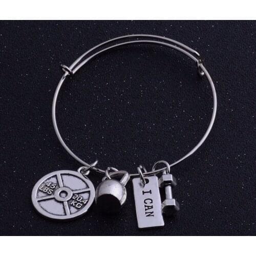 Bespmosp 12pcs/Lot Wholesale I Can Dumbbell Plate Barbell Gym Crossfit Kettle Charm Bracelet Bangle Bodybuilding Weightlifting