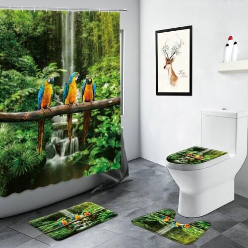 Color Feather Parrot Shower Curtain Tropical Green Plant Birds Waterfall Jungle Scenery Bathroom Decor Rugs Bath Mat Toilet Mats