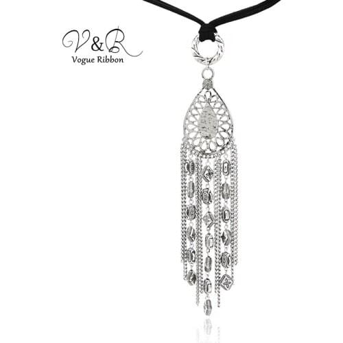 Antique silver plated long pendant rope chain necklace with tassel and textured beads bohemian long tassel necklace women 2019