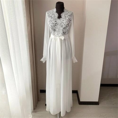 Lace Long Bridal Robe with Belt V Neck Chiffon Wedding Party Dressing Gown Women Bathrobes Bride Boudoir Sleepwear Nightgowns